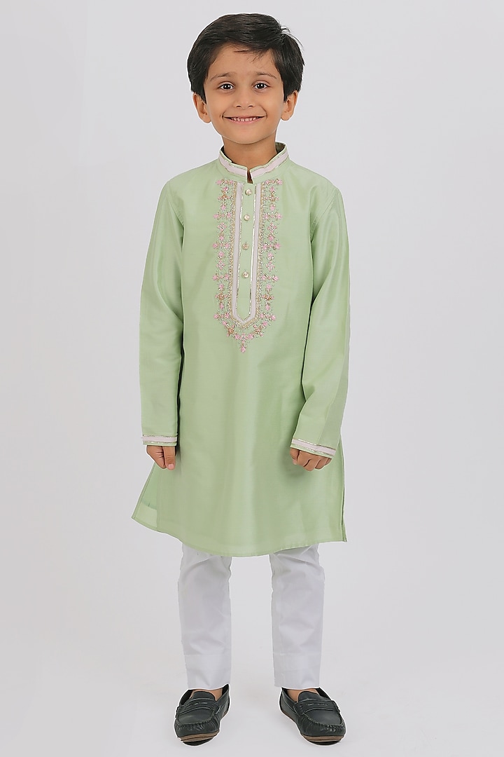 Pista Green Cotton Silk Embroidered Kurta Set For Boys by Partykles