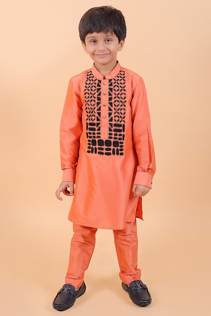Coral Cotton Silk Tilla Embroidered Kurta Set For Boys by Partykles