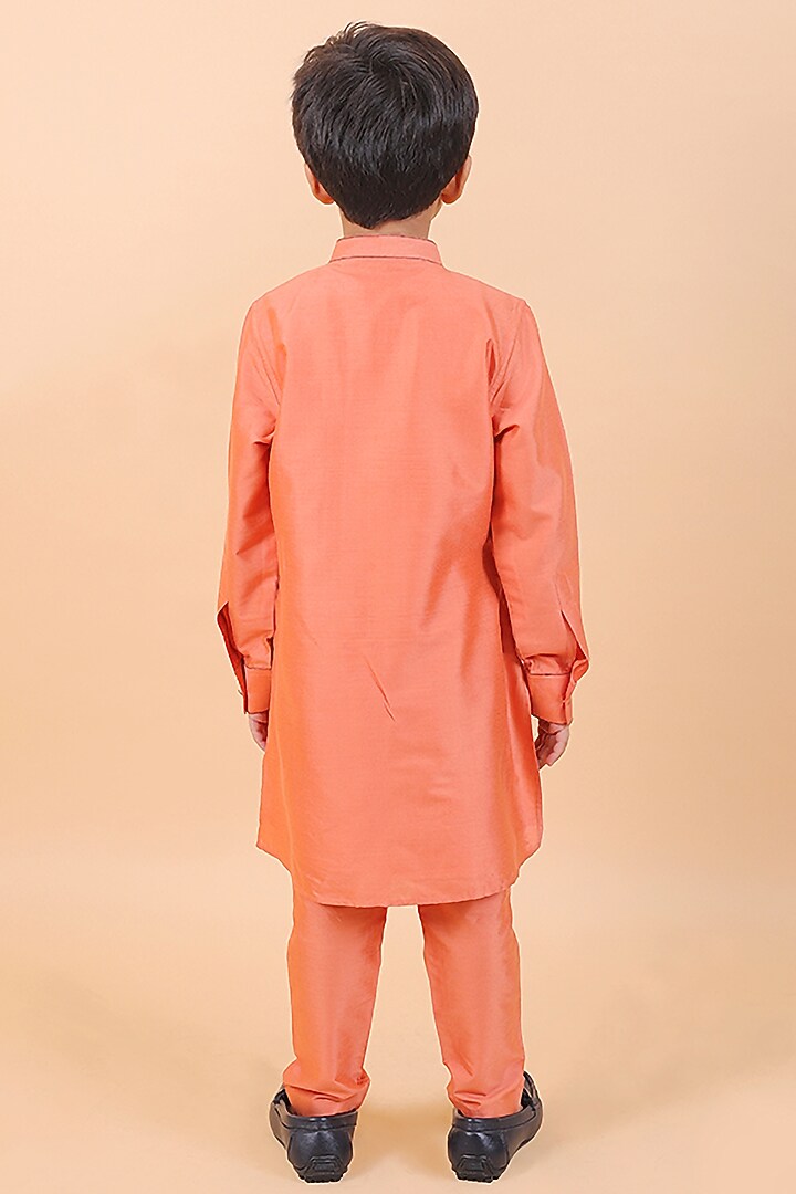 Coral Cotton Silk Tilla Embroidered Kurta Set For Boys by Partykles at Pernia's Pop Up Shop