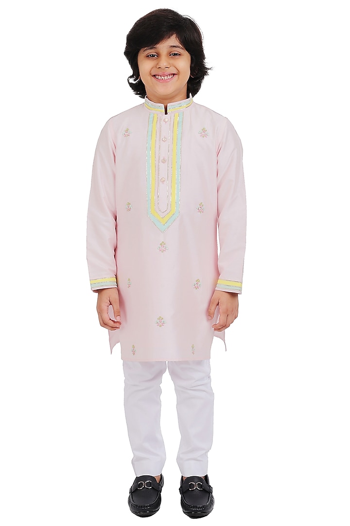 Pink Cotton Silk Resham & Tilla Embroidered Kurta Set For Boys by Partykles