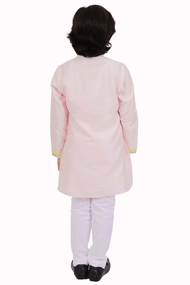 Pink Cotton Silk Resham & Tilla Embroidered Kurta Set For Boys by Partykles at Pernia's Pop Up Shop
