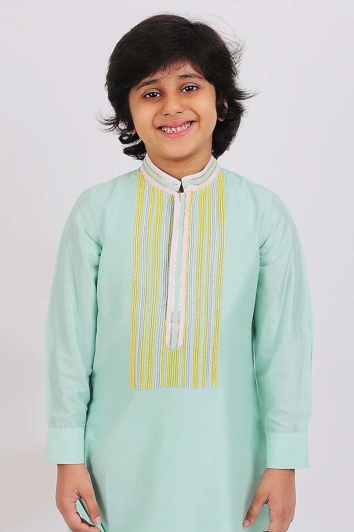 Sea Green Cotton Silk Kurta Set For Boys by Partykles at Pernia's Pop Up Shop