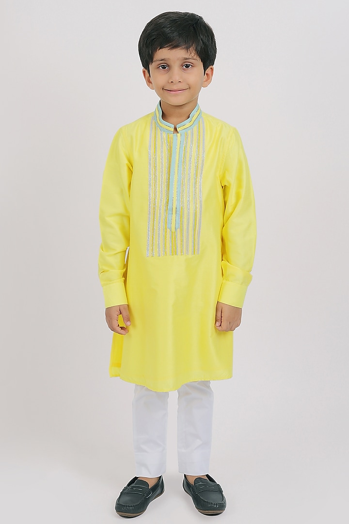 Yellow Cotton Silk Kurta Set For Boys by Partykles