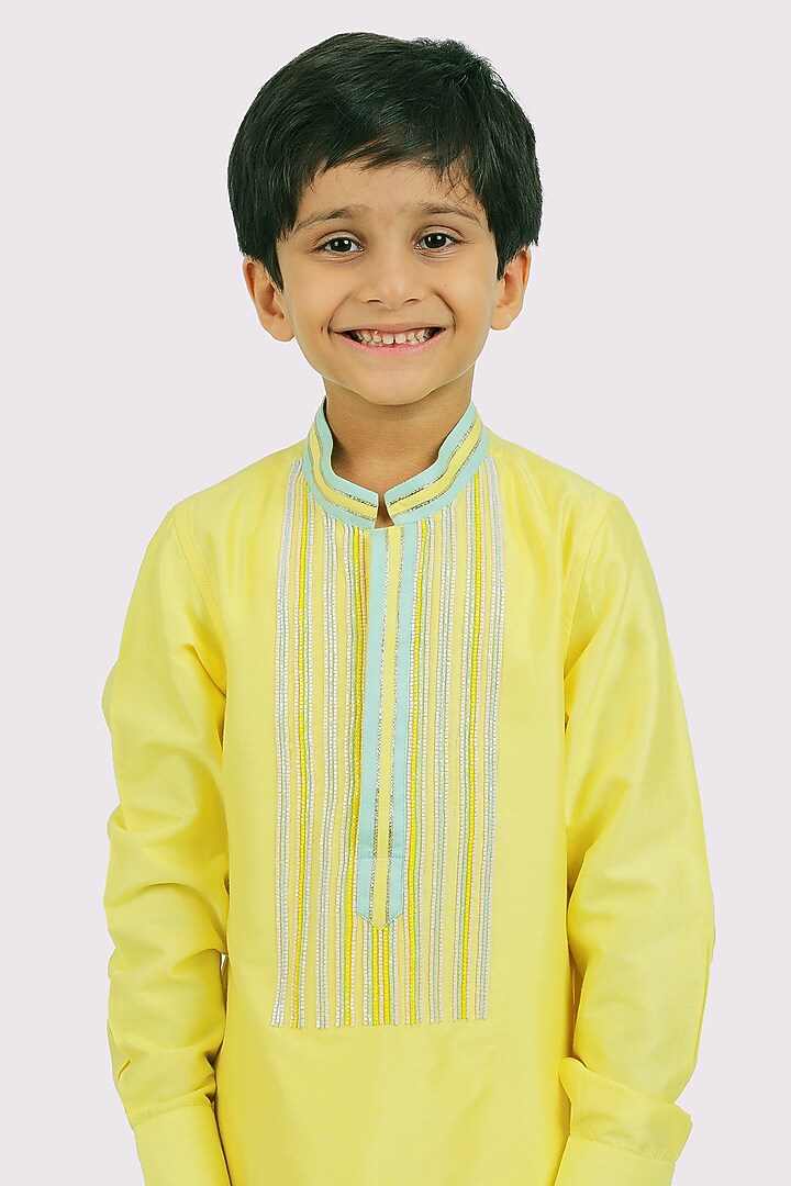 Yellow Cotton Silk Kurta Set For Boys by Partykles at Pernia's Pop Up Shop