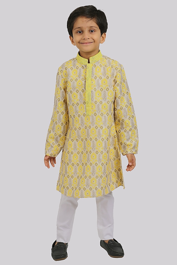 Yellow Poly Silk Kurta Set For Boys by Partykles
