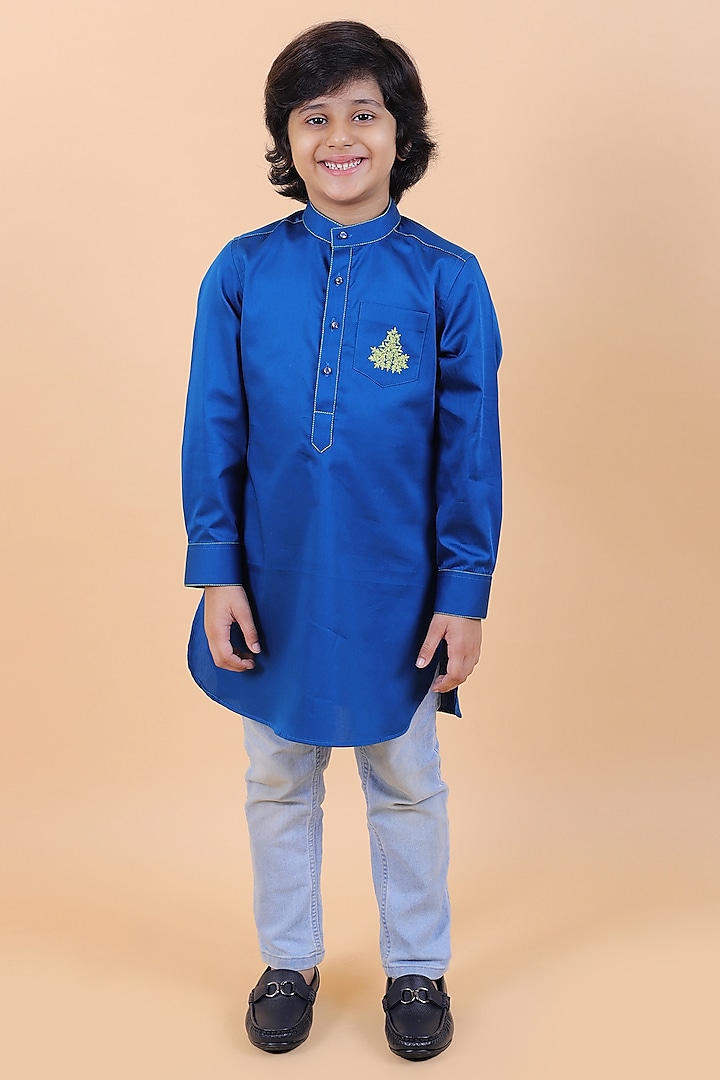 Royal Blue Glaze Cotton Resham Embroidered Kurta Set For Boys by Partykles
