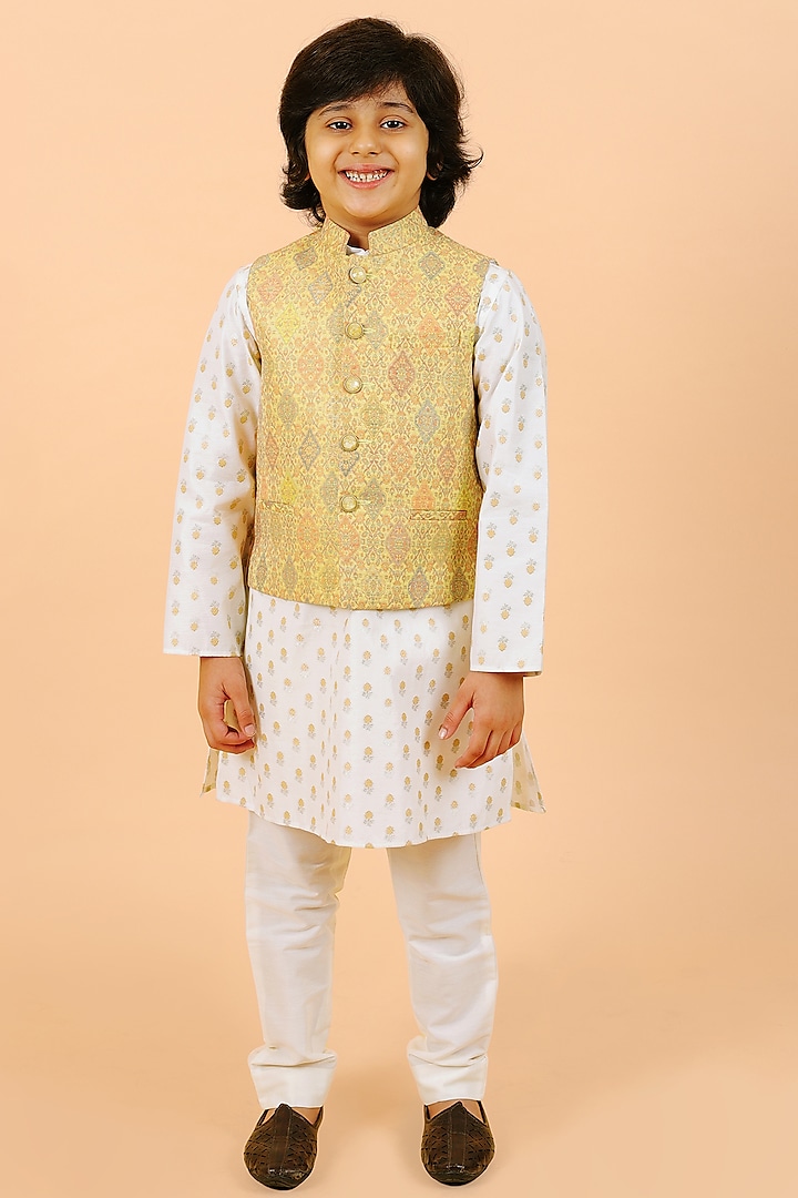 Yellow Banarasi Jacquard Bundi Jacket Set For Boys by Partykles