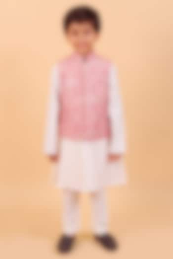 Pink Banarasi Jacquard Bundi Jacket Set For Boys by Partykles