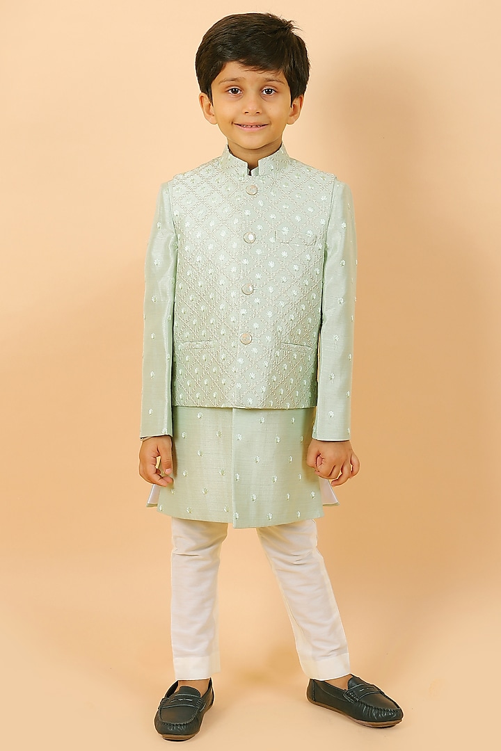 Pista Green Poly Silk Embroidered Bundi Jacket Set For Boys by Partykles