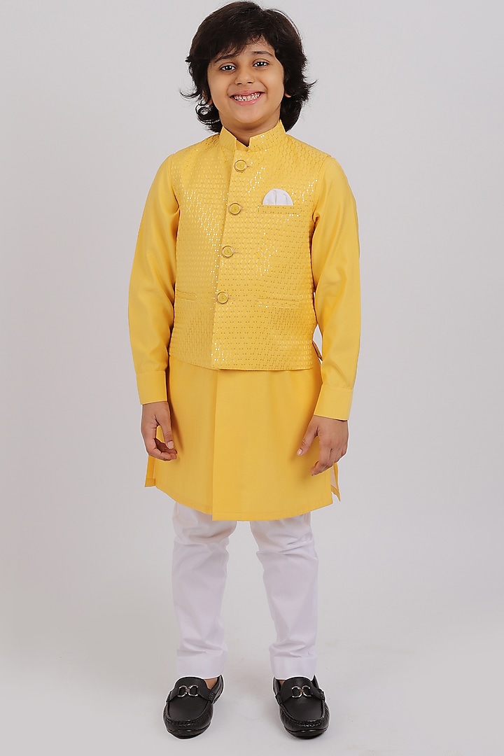 Yellow Banarasi Jacquard Bundi Jacket Set For Boys by Partykles