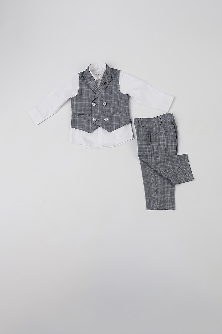 Blue Melange Checkered Waistcoat Set For Boys by Partykles