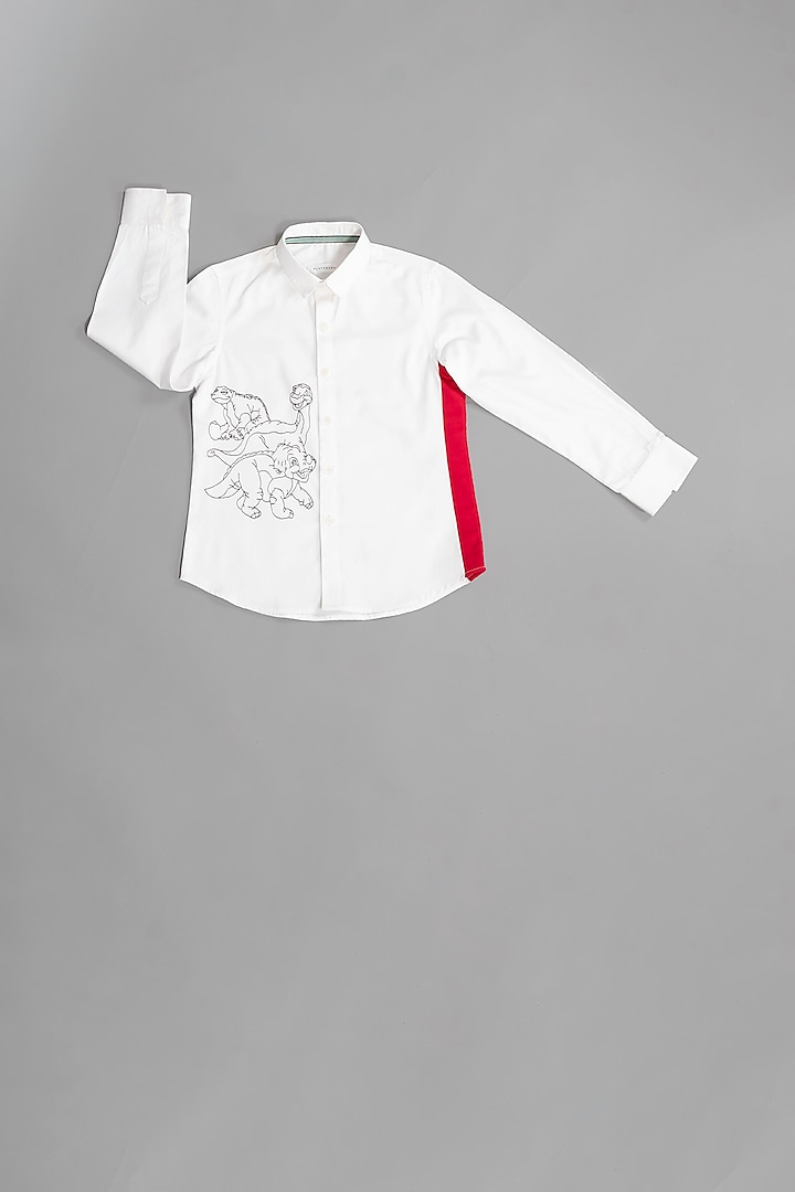 White Dinosaur Motif Hand Embroidered Shirt For Boys by Partykles at Pernia's Pop Up Shop