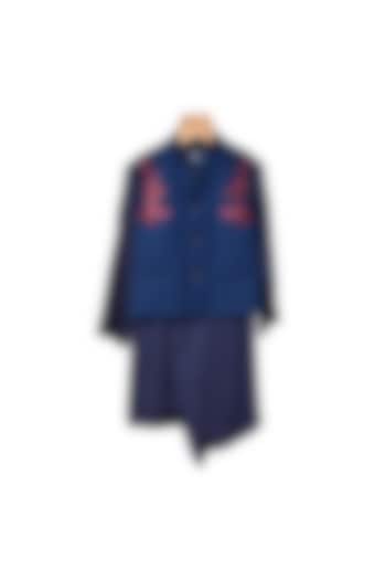 Navy Blue Cotton Satin Kurta Set With Bundi Jacket For Boys by Partykles