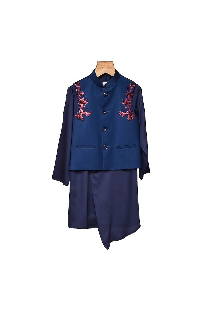 Navy Blue Cotton Satin Kurta Set With Bundi Jacket For Boys by Partykles at Pernia's Pop Up Shop