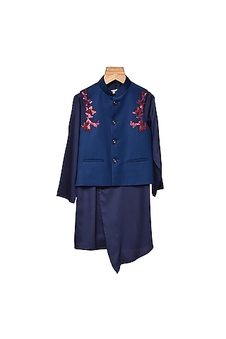 Navy Blue Cotton Satin Kurta Set With Bundi Jacket For Boys by Partykles