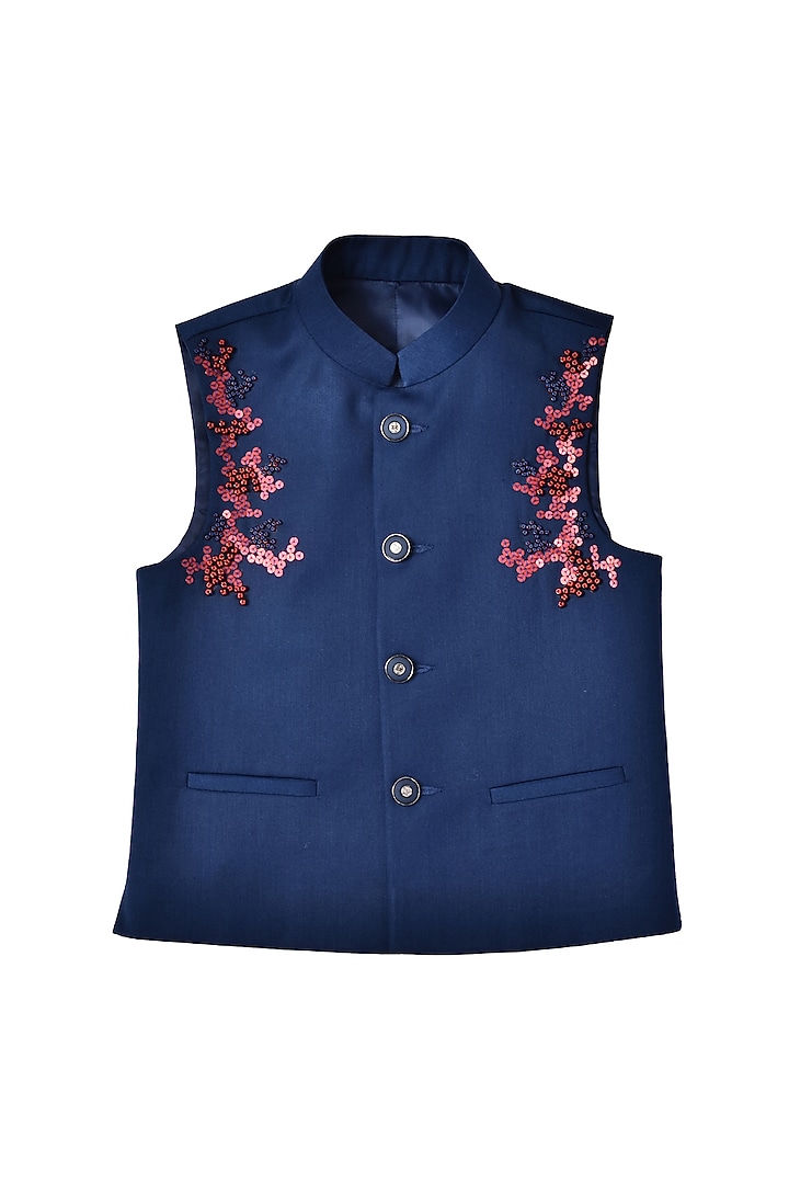 Navy Blue Cotton Satin Kurta Set With Bundi Jacket For Boys by Partykles at Pernia's Pop Up Shop