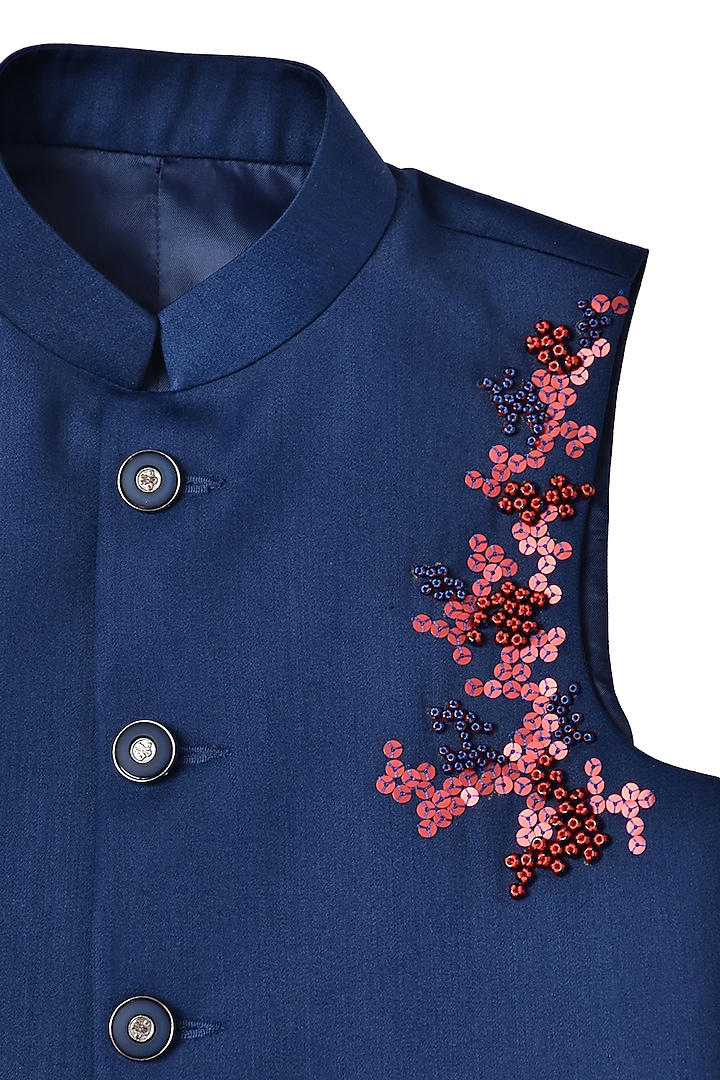 Navy Blue Cotton Satin Kurta Set With Bundi Jacket For Boys by Partykles at Pernia's Pop Up Shop