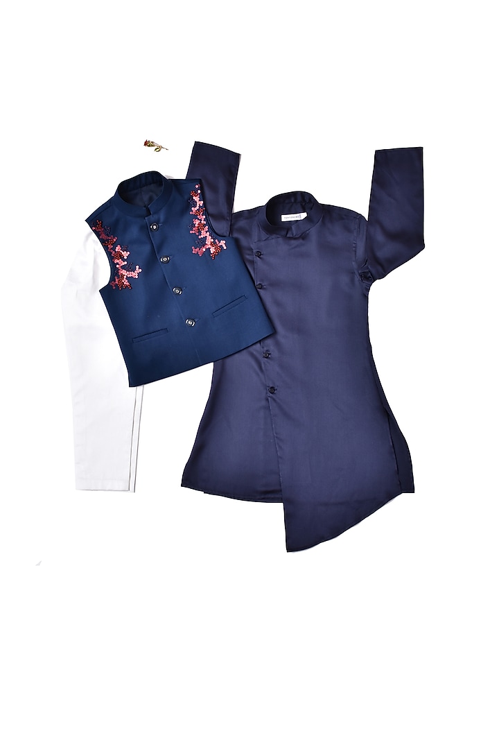 Navy Blue Cotton Satin Kurta Set With Bundi Jacket For Boys by Partykles at Pernia's Pop Up Shop