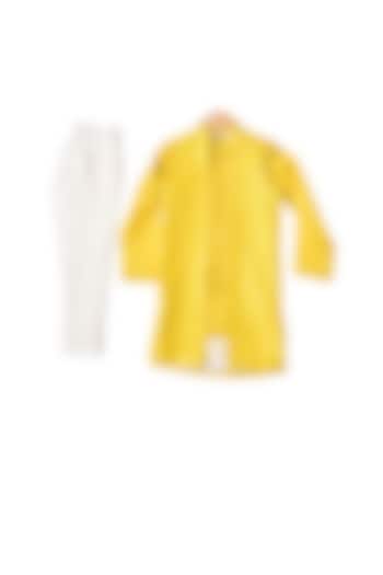 Yellow Silk Kurta Set With Jacket For Boys by Partykles