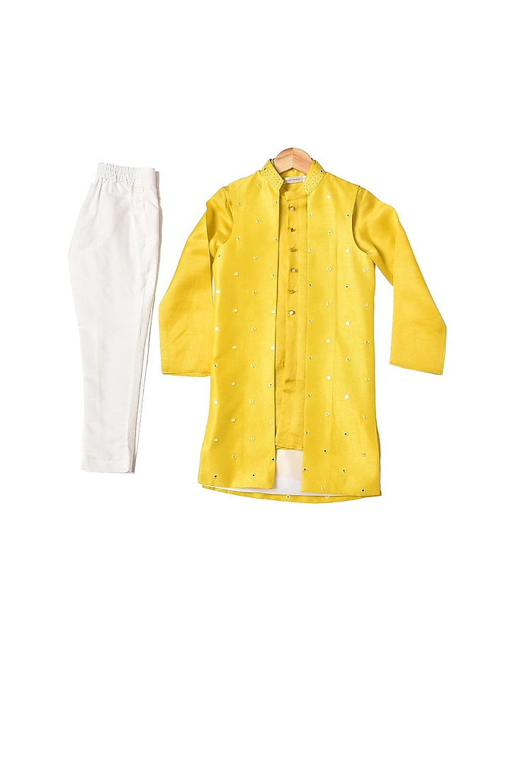 Yellow Silk Kurta Set With Jacket For Boys by Partykles
