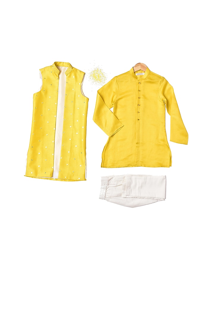 Yellow Silk Kurta Set With Jacket For Boys by Partykles at Pernia's Pop Up Shop