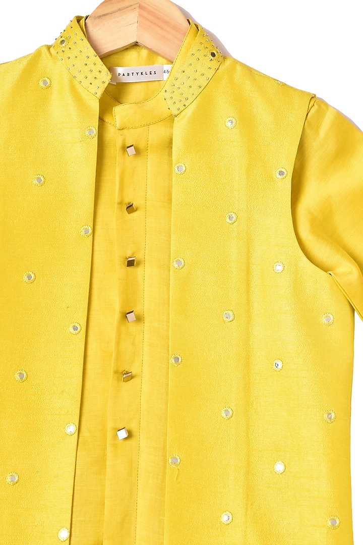 Yellow Silk Kurta Set With Jacket For Boys by Partykles at Pernia's Pop Up Shop