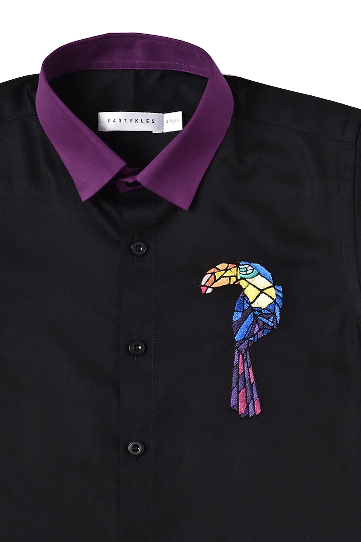 Black Cotton Embroidered Shirt For Boys by Partykles at Pernia's Pop Up Shop