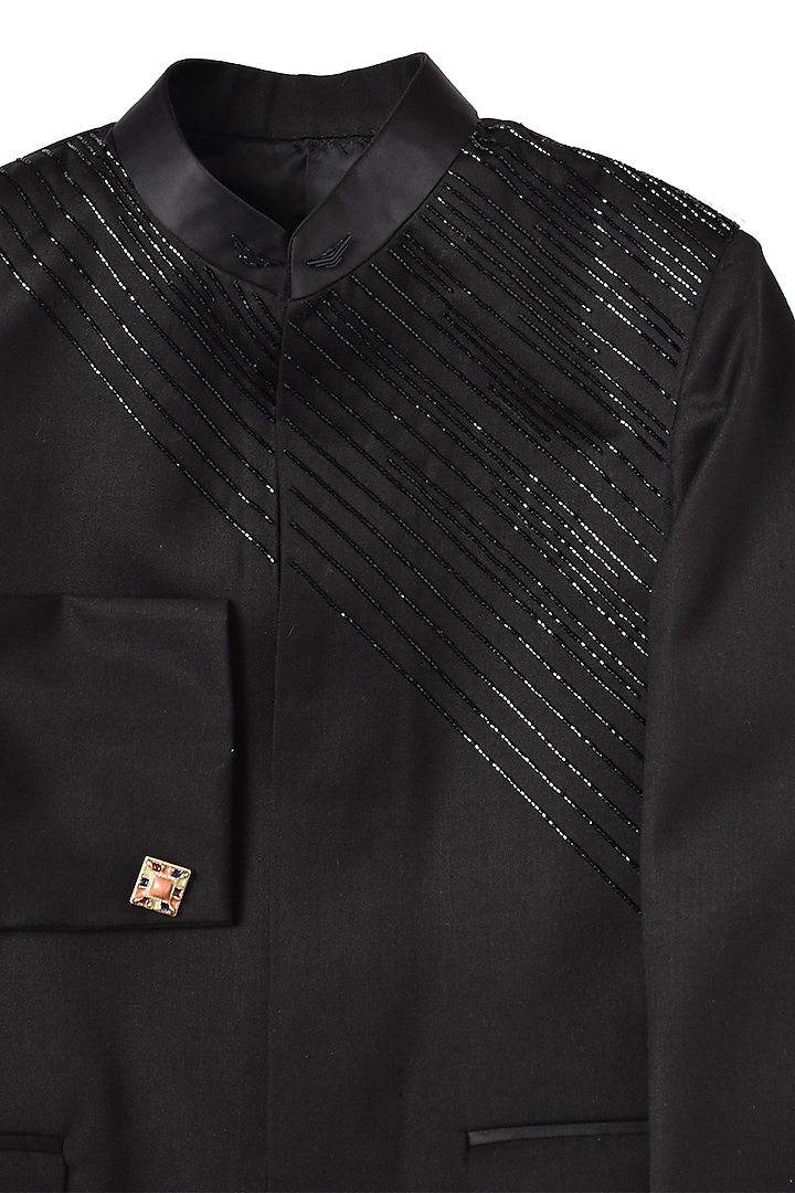 Black Terry Rayon Jodhpuri Set For Boys by Partykles at Pernia's Pop Up Shop