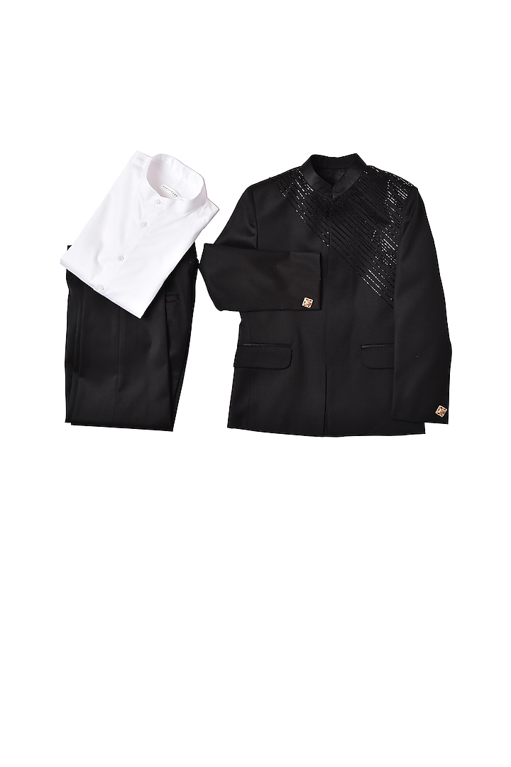 Black Terry Rayon Jodhpuri Set For Boys by Partykles at Pernia's Pop Up Shop
