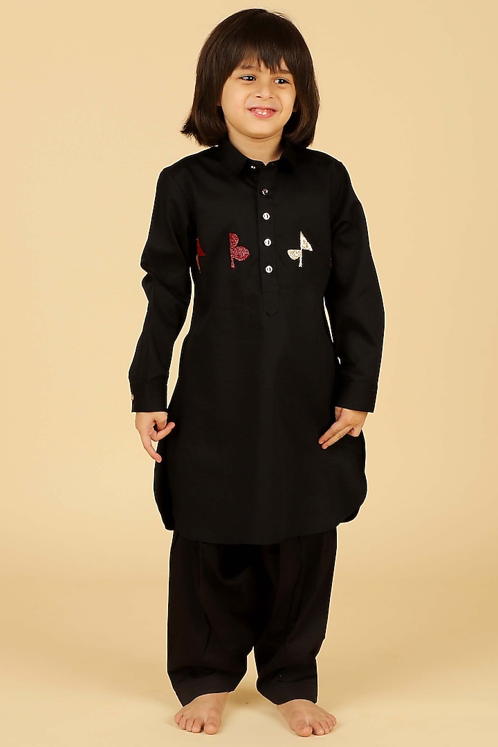Black Embroidered Kurta Set For Boys by Partykles