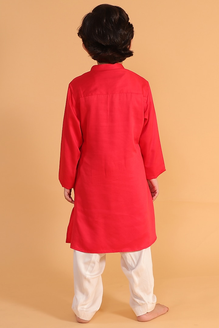 Red Embroidered Kurta Set For Boys by Partykles
