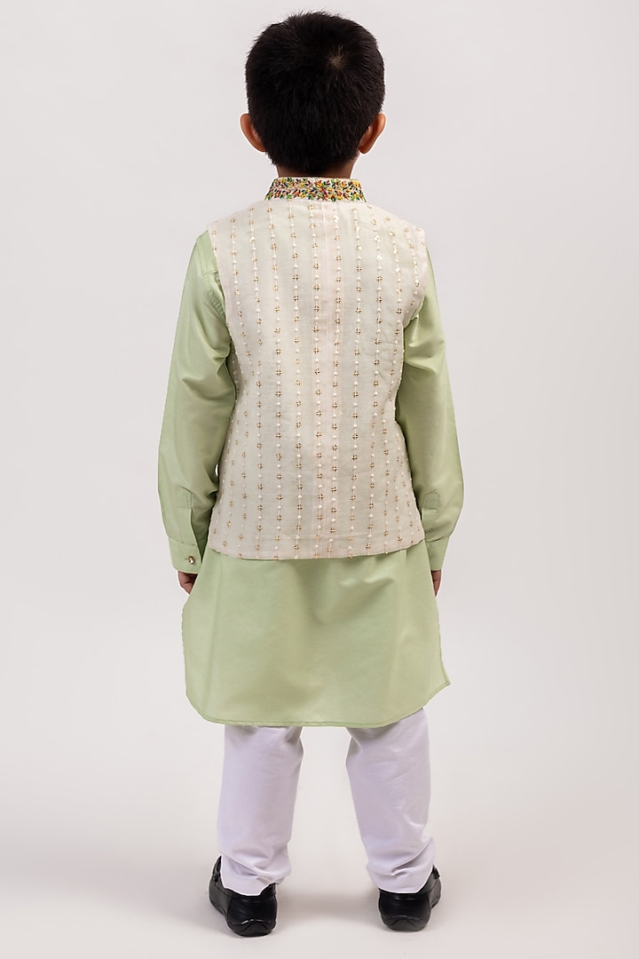 Pista Green Embroidered Kurta Set With Bundi Jacket For Boys by Partykles
