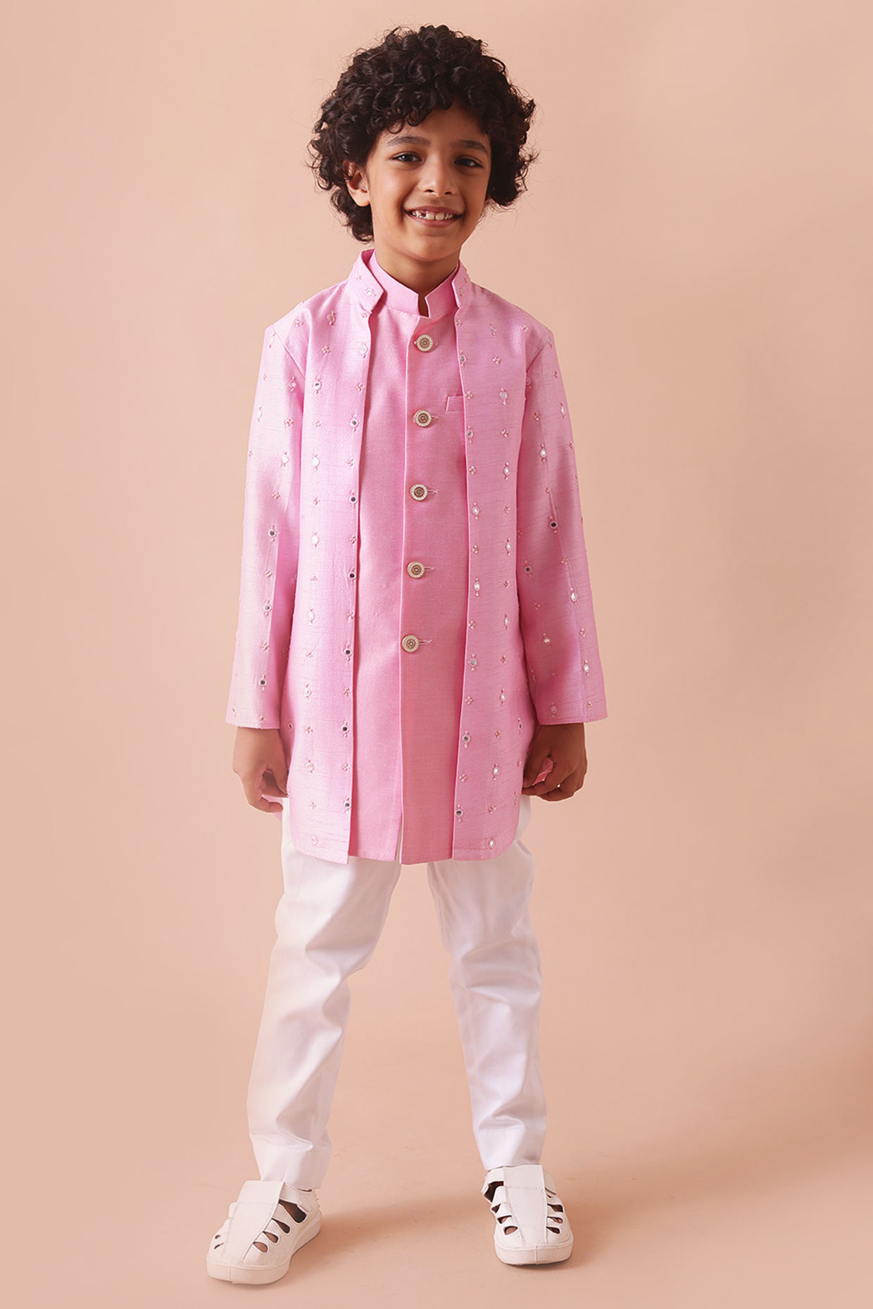 Baby Pink Texture Mirror Embroidered Achkan Set For Boys by Partykles