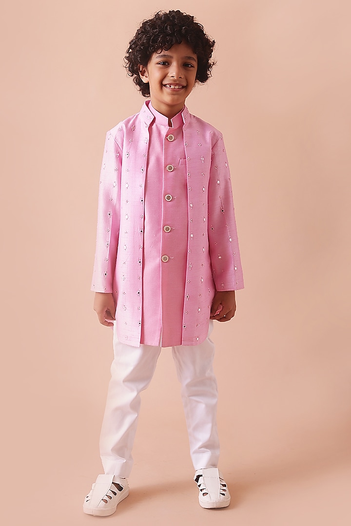 Baby Pink Texture Mirror Embroidered Achkan Set For Boys by Partykles