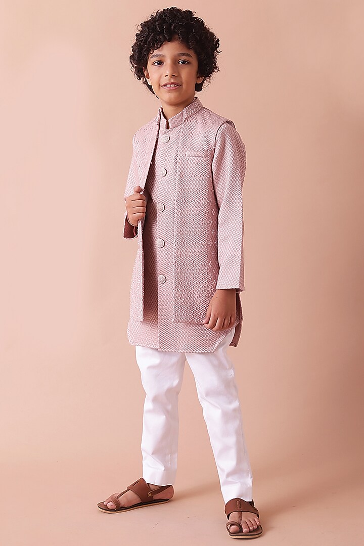 Onion Pink Texture Cutdana Embroidered Achkan Set For Boys by Partykles at Pernia's Pop Up Shop