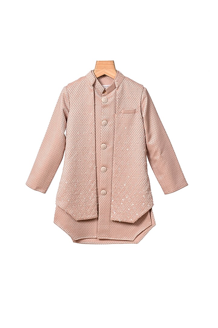 Onion Pink Texture Cutdana Embroidered Achkan Set For Boys by Partykles at Pernia's Pop Up Shop