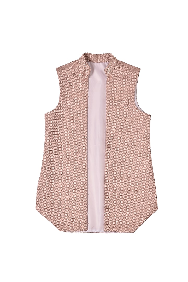Onion Pink Texture Cutdana Embroidered Achkan Set For Boys by Partykles at Pernia's Pop Up Shop