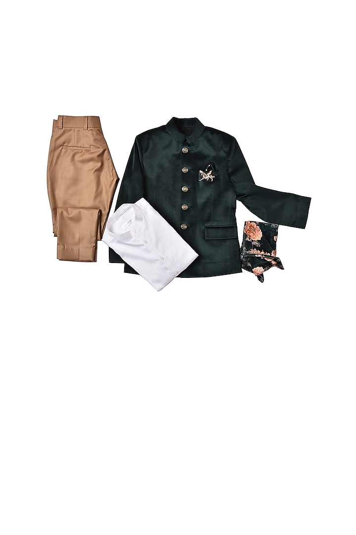 Bottle Green Velvet Embellished Jodhpuri Achkan Set For Boys by Partykles