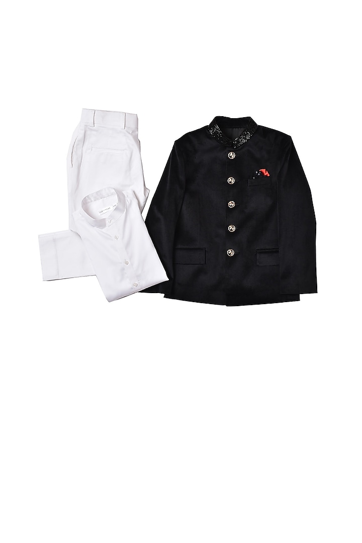 Black Velvet Embellished Jodhpuri Achkan Set For Boys by Partykles