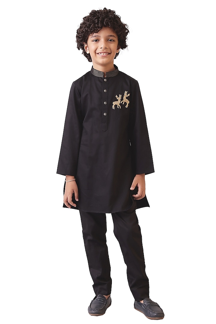 Black Cotton Satin Resham Embroidered Kurta Set For Boys by Partykles