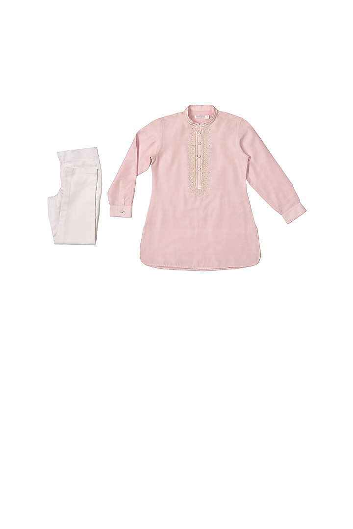 Pink Cotton Silk Resham Embroidered Kurta Set For Boys by Partykles
