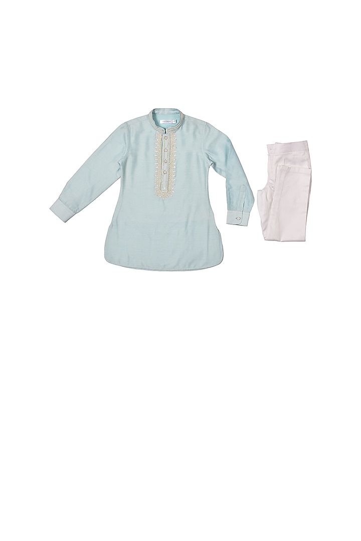 Ice Blue Cotton Silk Resham Embroidered Kurta Set For Boys by Partykles