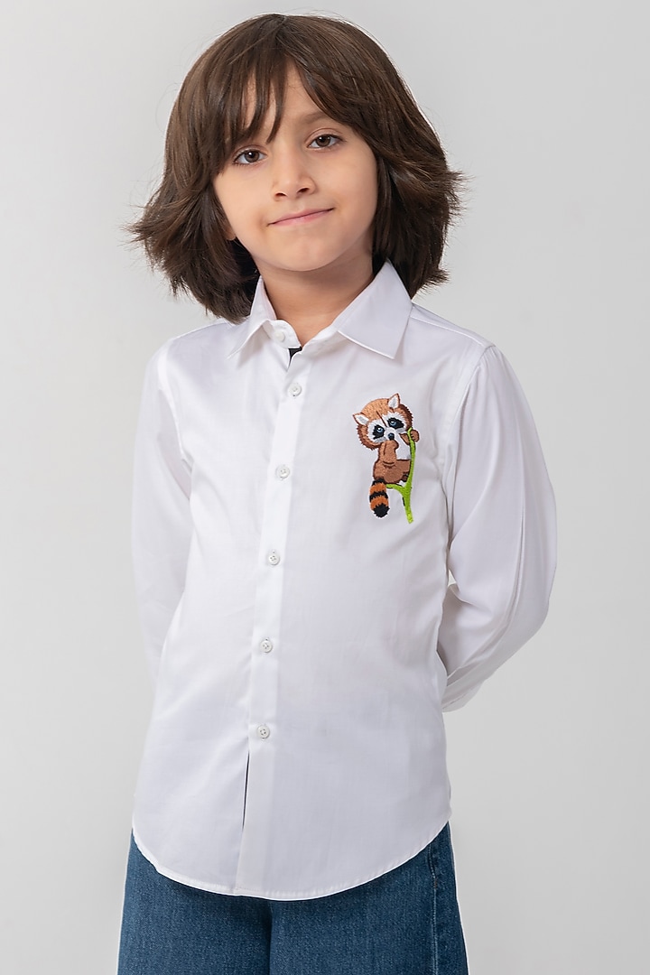 White Cotton Resham Handwork Shirt For Boys by Partykles at Pernia's Pop Up Shop