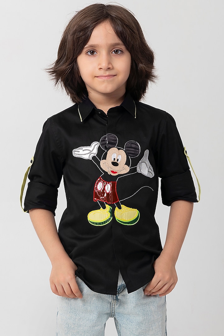 Black Cotton Resham Embroidered Shirt For Boys by Partykles at Pernia's Pop Up Shop