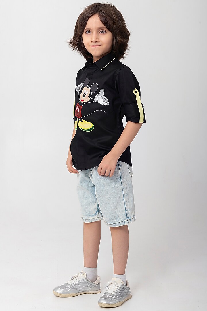 Black Cotton Resham Embroidered Shirt For Boys by Partykles at Pernia's Pop Up Shop