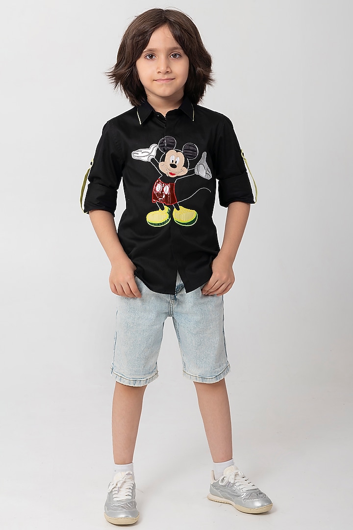 Black Cotton Resham Embroidered Shirt For Boys by Partykles at Pernia's Pop Up Shop