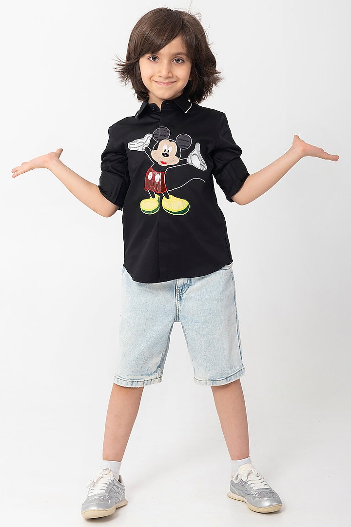 Black Cotton Resham Embroidered Shirt For Boys by Partykles at Pernia's Pop Up Shop