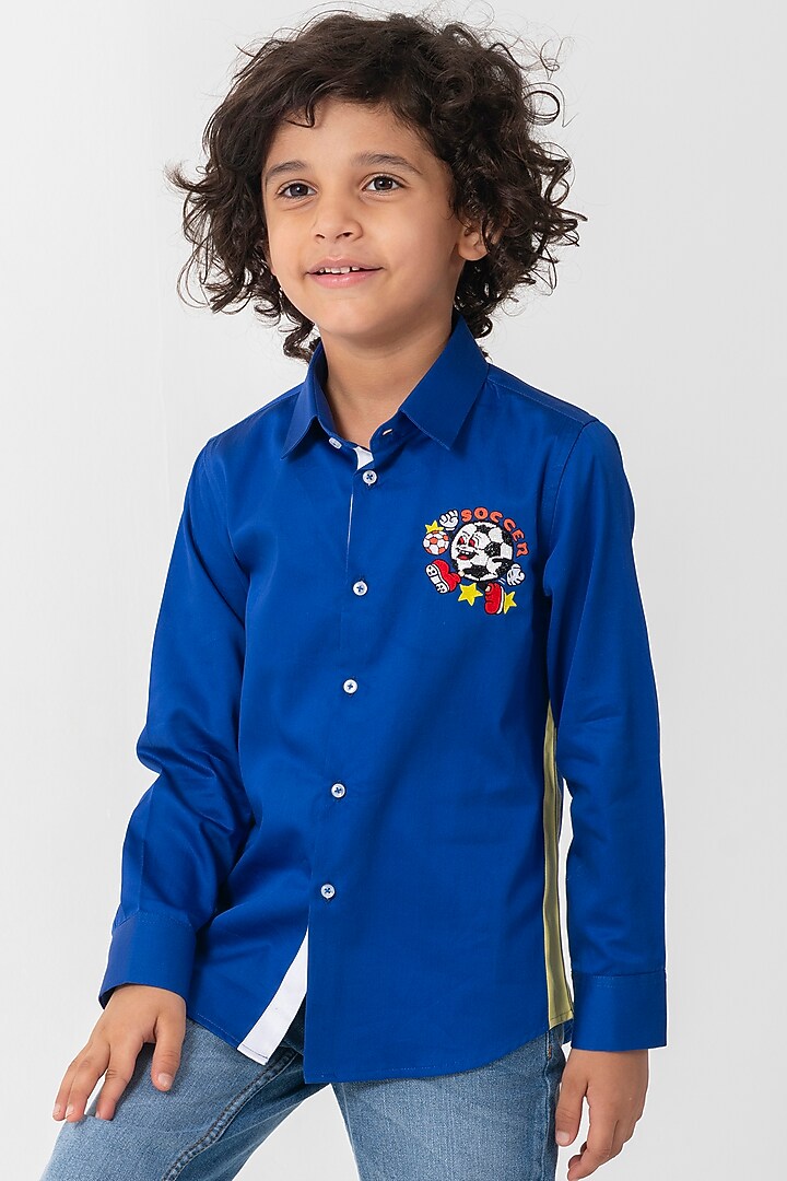 Royal Blue Cotton Resham Embroidered Shirt For Boys by Partykles at Pernia's Pop Up Shop