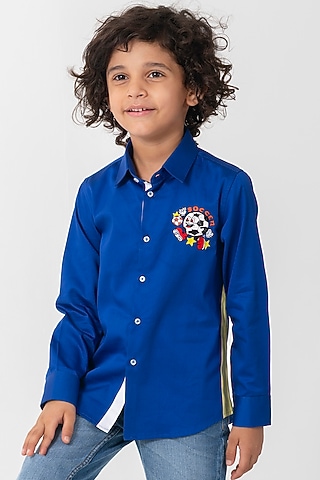 Royal Blue Cotton Resham Embroidered Shirt For Boys by Partykles