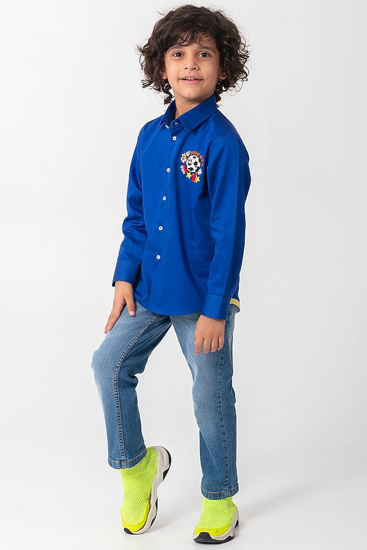 Royal Blue Cotton Resham Embroidered Shirt For Boys by Partykles at Pernia's Pop Up Shop